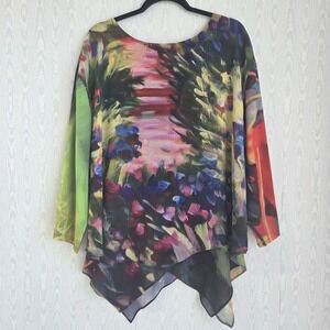 Jade Womens XL Blouse 3/4 Sleeve Chiffon Art To Wear Lagenlook Watercolor